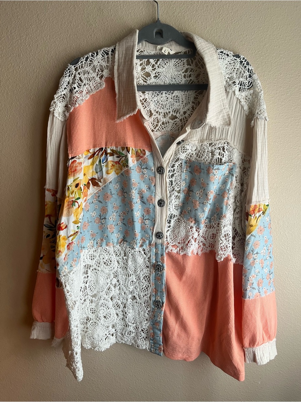 POL Patchwork Button-Down Shirt Jacket in Coral, Light Blue & White